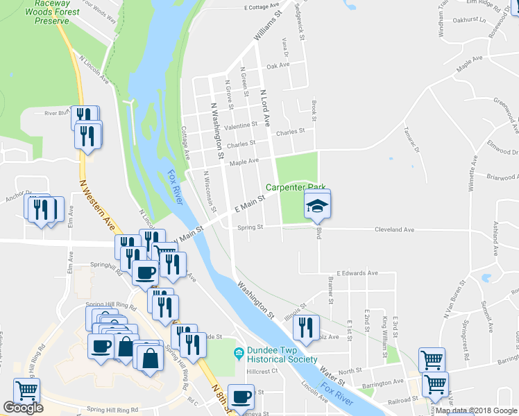 map of restaurants, bars, coffee shops, grocery stores, and more near 11 South Green Street in Carpentersville
