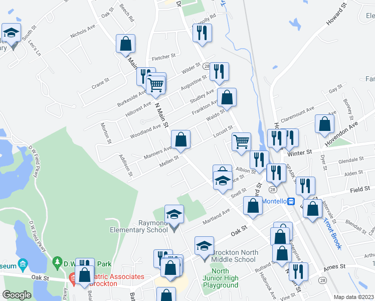 map of restaurants, bars, coffee shops, grocery stores, and more near 11 Locust Street in Brockton