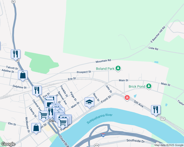 map of restaurants, bars, coffee shops, grocery stores, and more near 285 Bell St in Owego