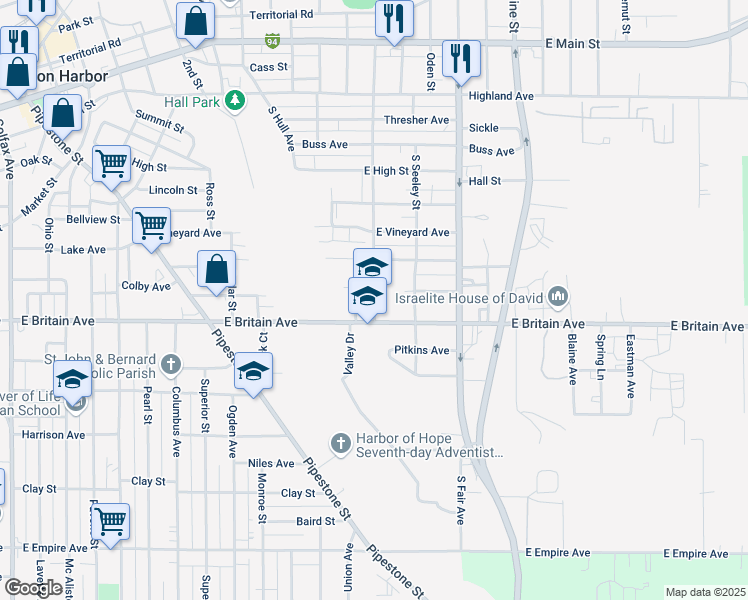 map of restaurants, bars, coffee shops, grocery stores, and more near 465 South McCord Street in Benton Harbor