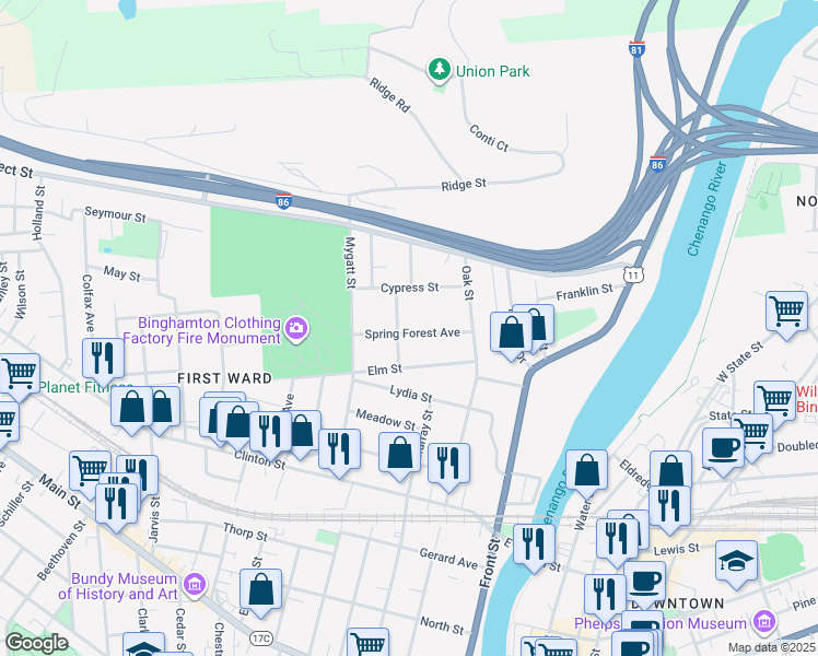 map of restaurants, bars, coffee shops, grocery stores, and more near 26 Spring Forest Ave in Binghamton