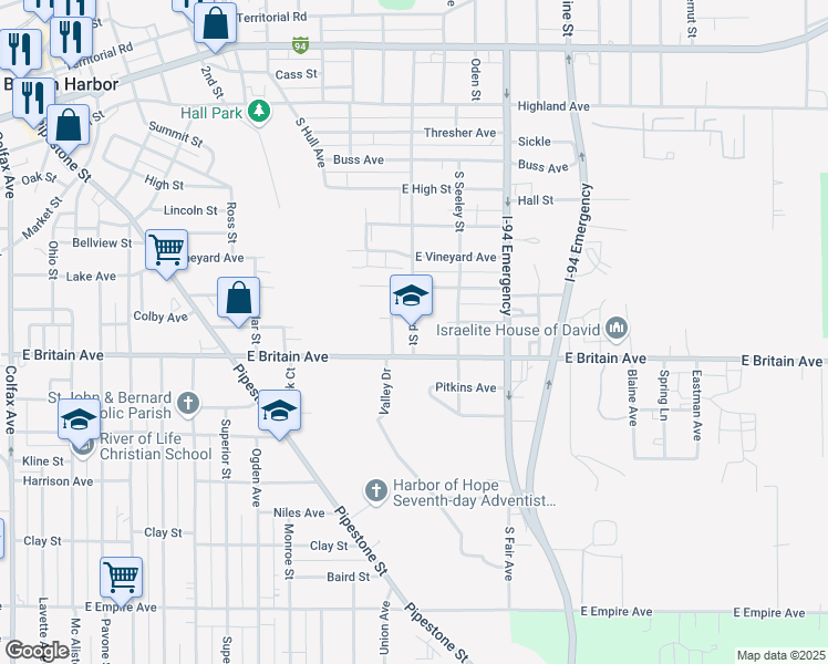 map of restaurants, bars, coffee shops, grocery stores, and more near 465 South McCord Street in Benton Harbor