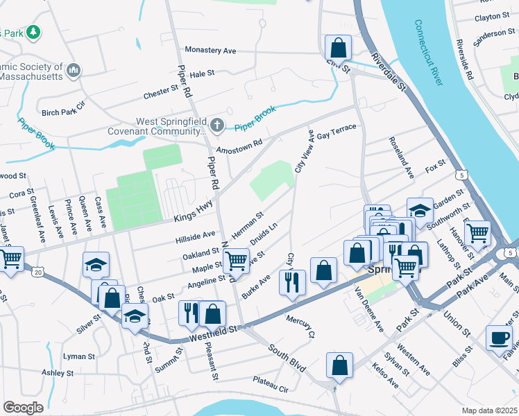 map of restaurants, bars, coffee shops, grocery stores, and more near 83 Herrman Street in West Springfield