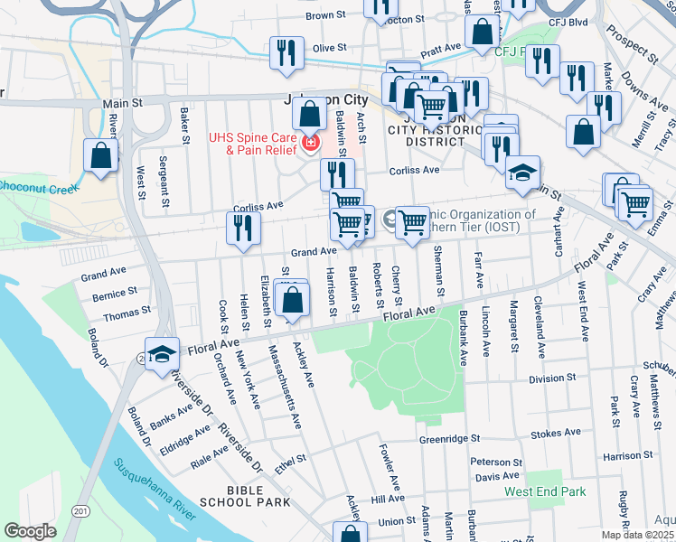 map of restaurants, bars, coffee shops, grocery stores, and more near 191 Harrison Street in Johnson City