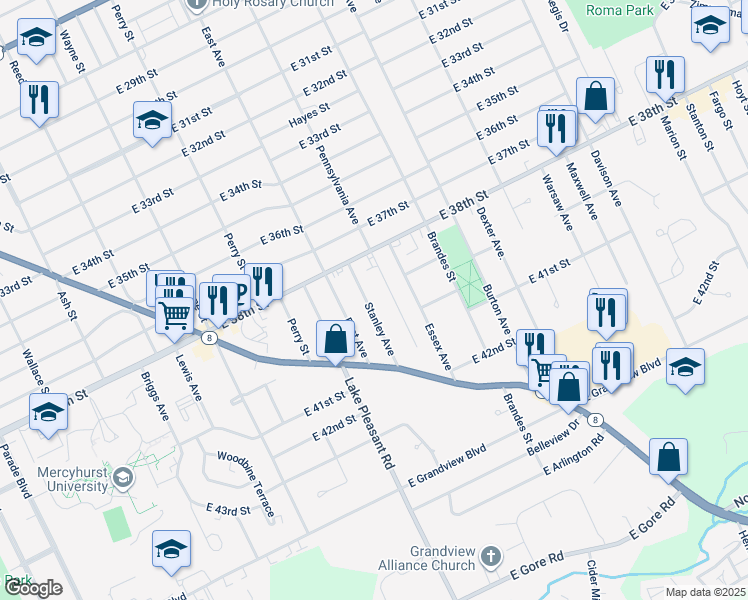 map of restaurants, bars, coffee shops, grocery stores, and more near 3904 Stanley Avenue in Erie