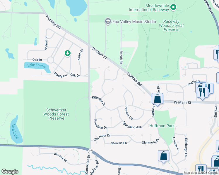 map of restaurants, bars, coffee shops, grocery stores, and more near 2356 Preston Lane in West Dundee