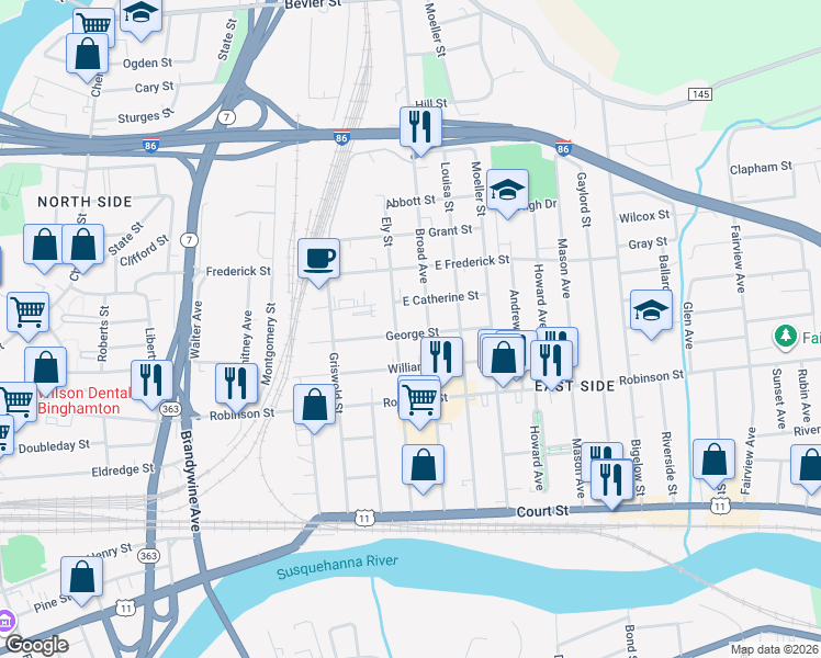 map of restaurants, bars, coffee shops, grocery stores, and more near 35 George Street in Binghamton