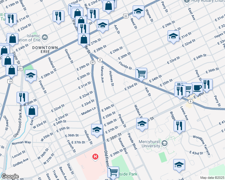 map of restaurants, bars, coffee shops, grocery stores, and more near 3228 Holmes Street in Erie