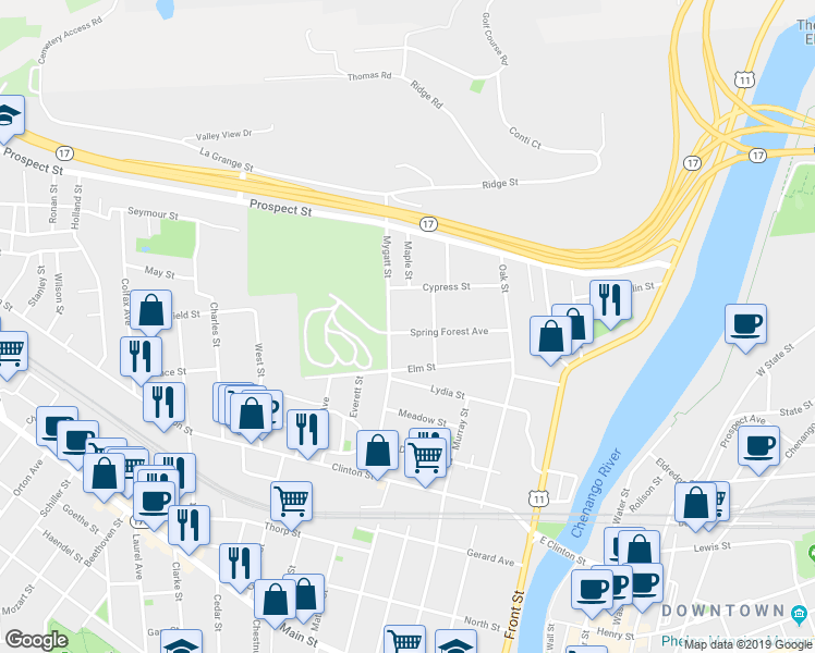 map of restaurants, bars, coffee shops, grocery stores, and more near 42 Spring Forest Avenue in Binghamton