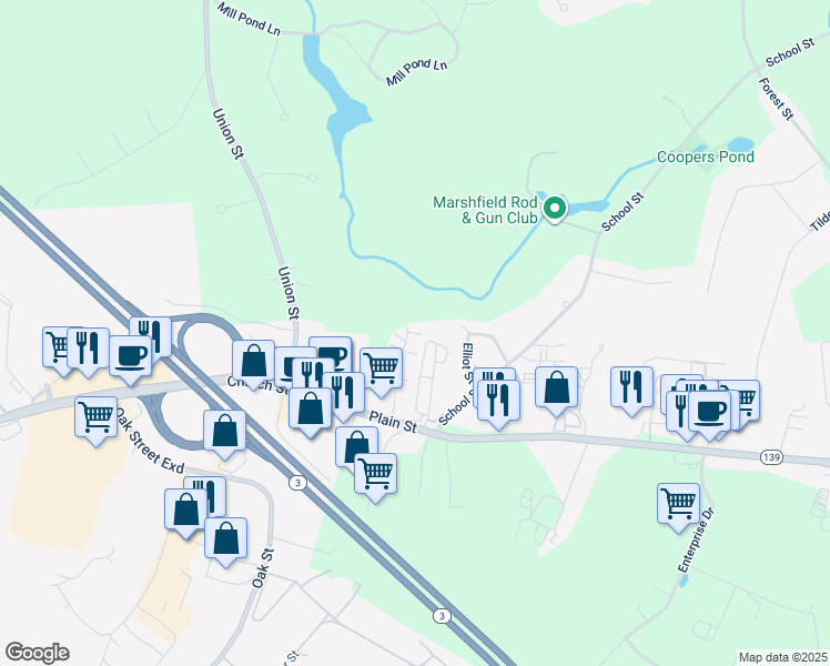 map of restaurants, bars, coffee shops, grocery stores, and more near 1020 Plain Street in Marshfield