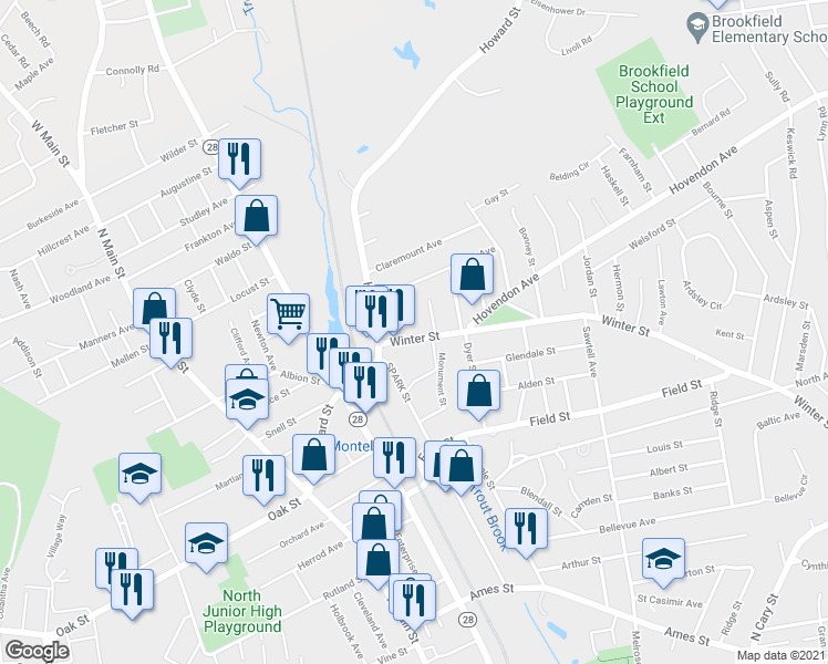map of restaurants, bars, coffee shops, grocery stores, and more near 50 Winter Street in Brockton