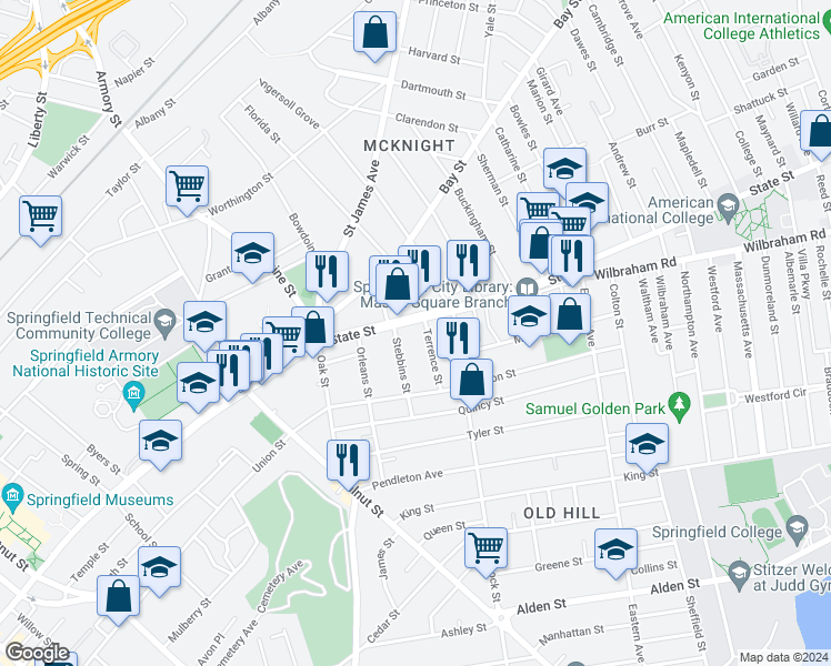 map of restaurants, bars, coffee shops, grocery stores, and more near 18 Terrence Street in Springfield