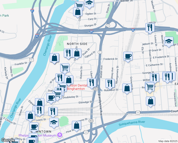 map of restaurants, bars, coffee shops, grocery stores, and more near 113 Liberty Street in Binghamton