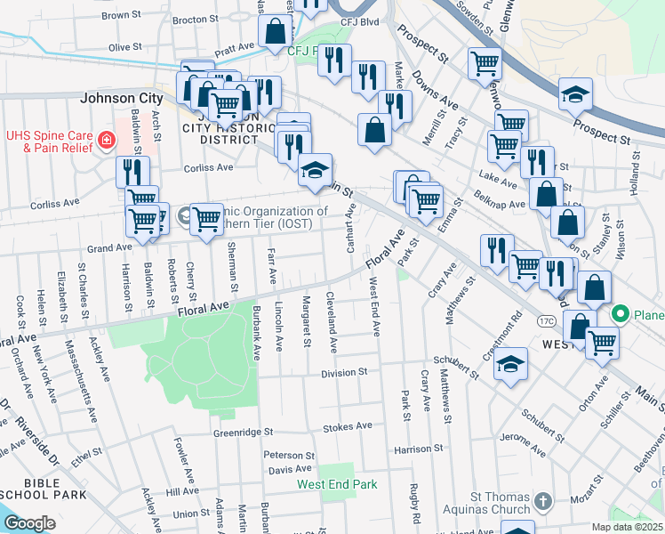 map of restaurants, bars, coffee shops, grocery stores, and more near 36 Floral Avenue in Binghamton