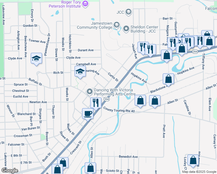 map of restaurants, bars, coffee shops, grocery stores, and more near 408 Falconer Street in Jamestown