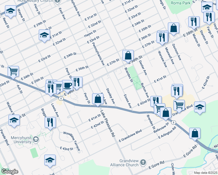 map of restaurants, bars, coffee shops, grocery stores, and more near 3904 Stanley Avenue in Erie