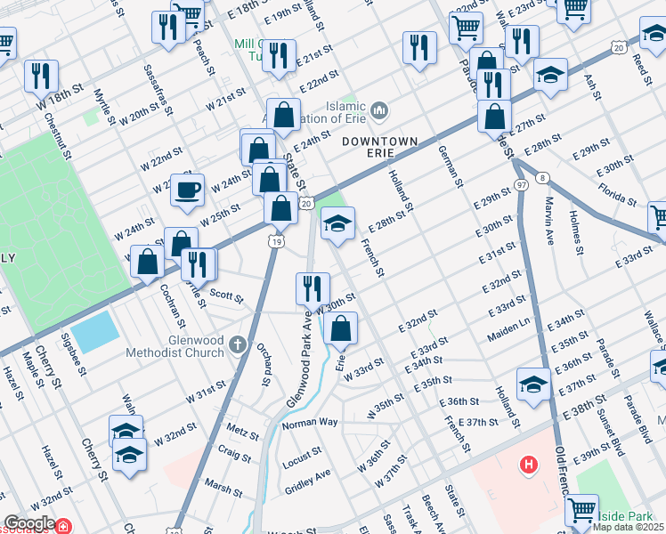 map of restaurants, bars, coffee shops, grocery stores, and more near 29 West 29th Street in Erie