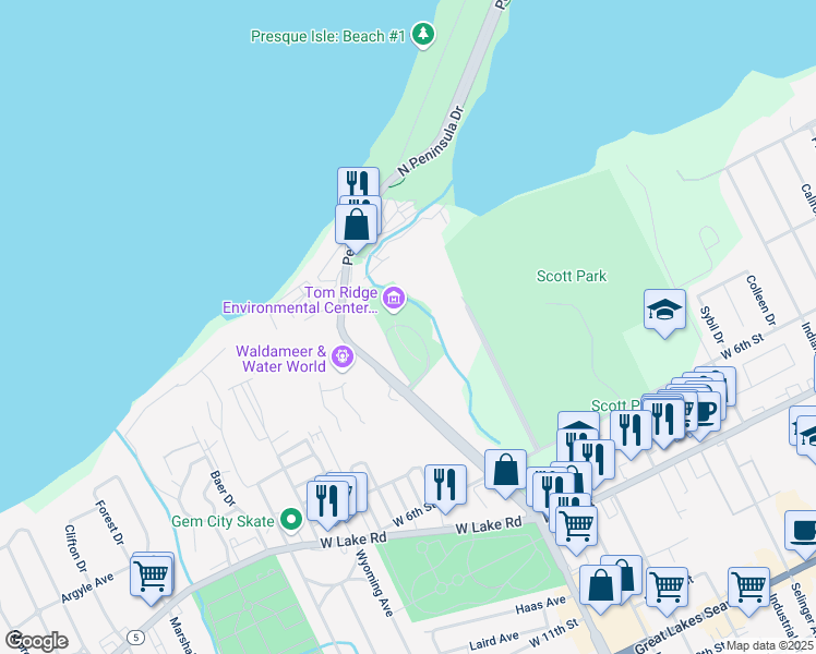 map of restaurants, bars, coffee shops, grocery stores, and more near 301 Peninsula Drive in Erie