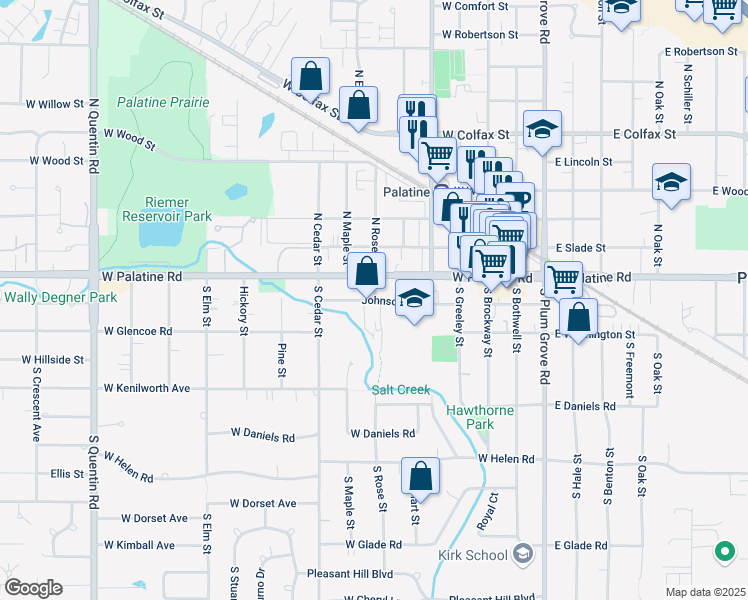 map of restaurants, bars, coffee shops, grocery stores, and more near 301 Johnson Street in Palatine