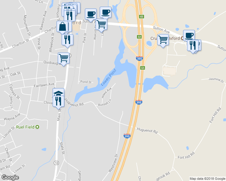 map of restaurants, bars, coffee shops, grocery stores, and more near 26 Russell Lane in Oxford