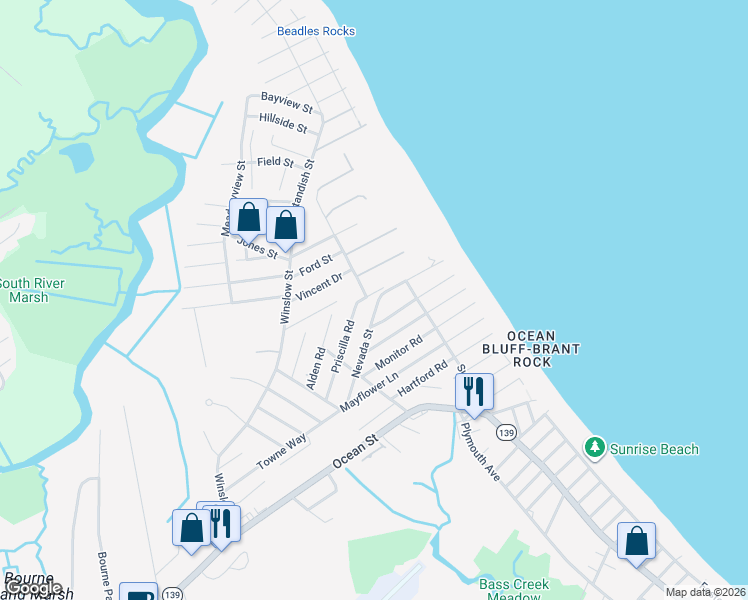 map of restaurants, bars, coffee shops, grocery stores, and more near 102 Nevada Street in Marshfield