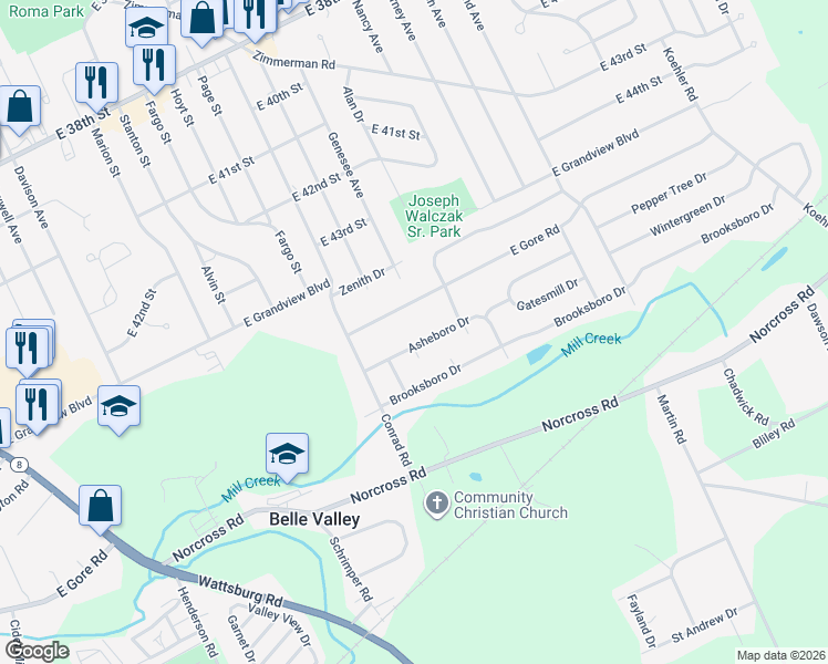 map of restaurants, bars, coffee shops, grocery stores, and more near 2002 Asheboro Drive in Erie
