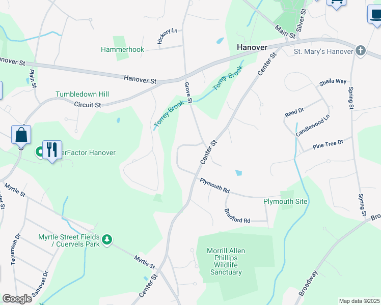 map of restaurants, bars, coffee shops, grocery stores, and more near 255 Center Street in Hanover