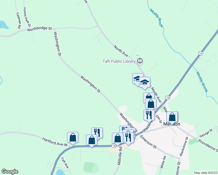 map of restaurants, bars, coffee shops, grocery stores, and more near 31 Washington Street in Mendon