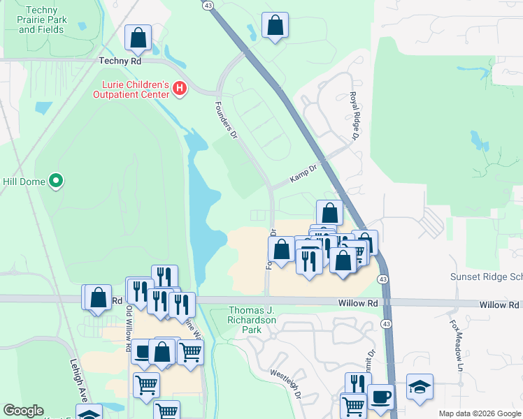 map of restaurants, bars, coffee shops, grocery stores, and more near 2338 Ascot Road in Northbrook