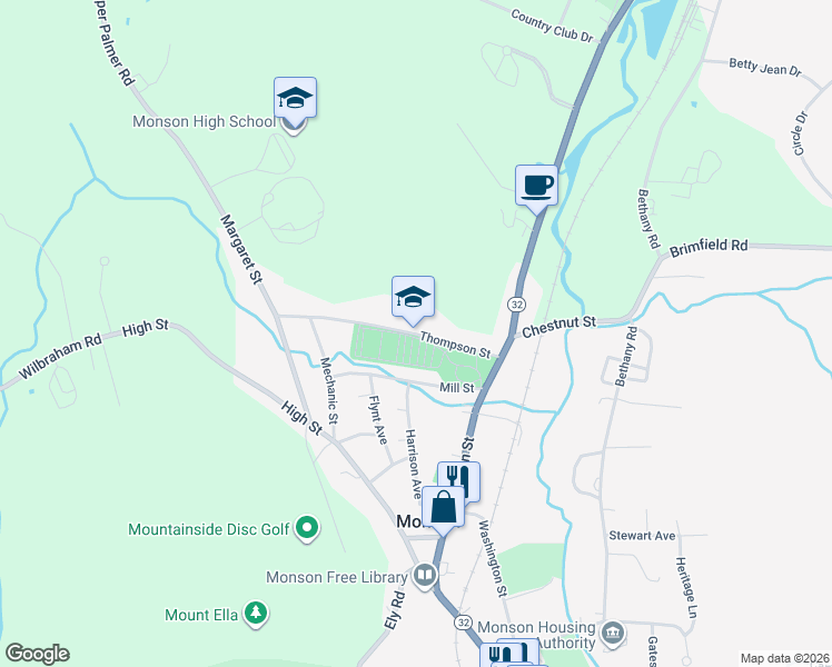 map of restaurants, bars, coffee shops, grocery stores, and more near 21 Thompson Street in Monson