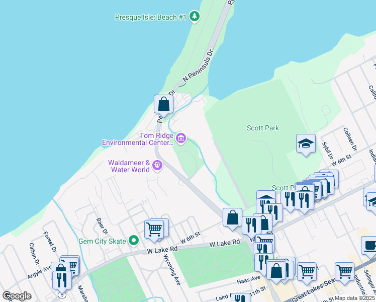 map of restaurants, bars, coffee shops, grocery stores, and more near 301 Peninsula Drive in Erie