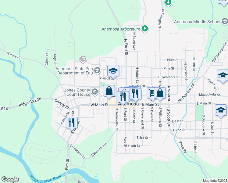 map of restaurants, bars, coffee shops, grocery stores, and more near 202 North Garnavillo Street in Anamosa