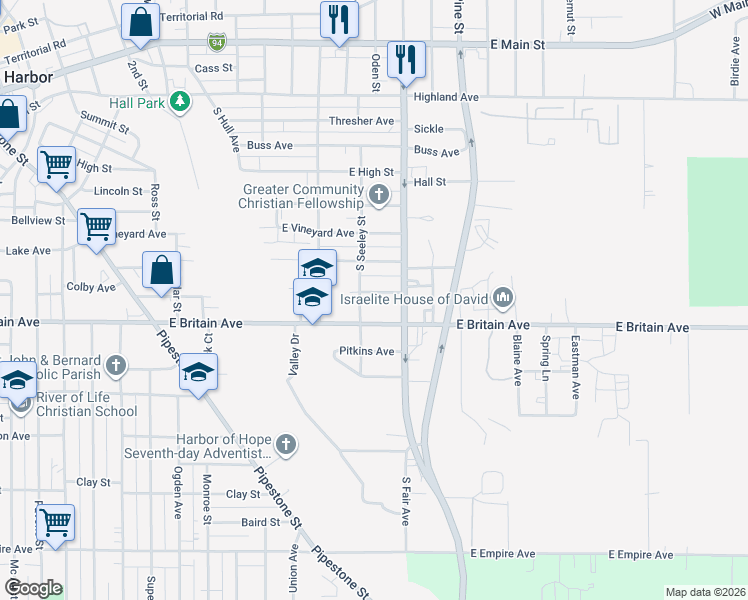 map of restaurants, bars, coffee shops, grocery stores, and more near 868 Mineral Avenue in Benton Harbor