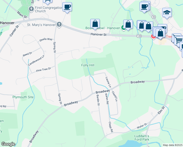 map of restaurants, bars, coffee shops, grocery stores, and more near 119 Laurie Lane in Hanover