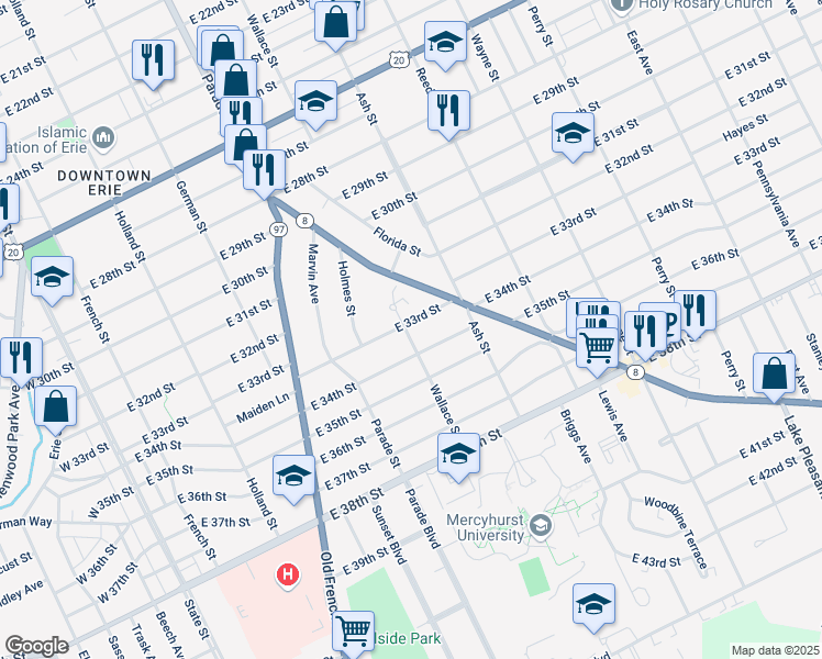 map of restaurants, bars, coffee shops, grocery stores, and more near 501 East 33rd Street in Erie