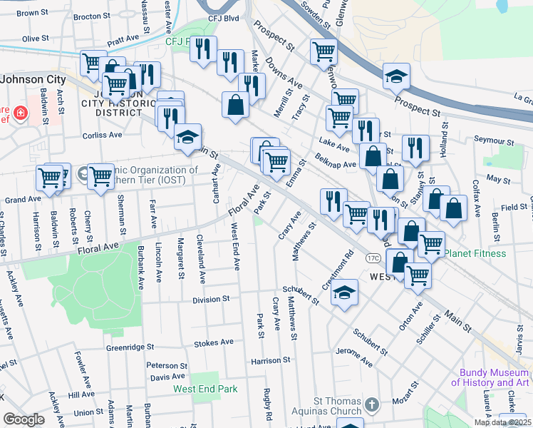 map of restaurants, bars, coffee shops, grocery stores, and more near 102 Grand Boulevard in Binghamton
