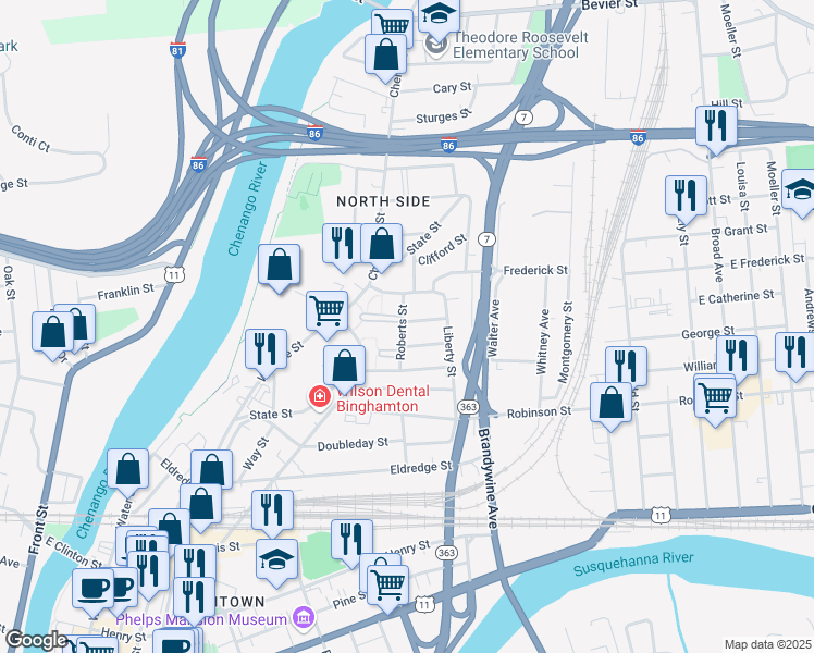 map of restaurants, bars, coffee shops, grocery stores, and more near 16 Virgil Street in Binghamton