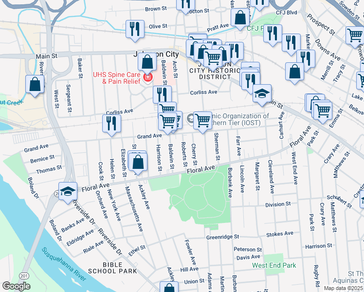 map of restaurants, bars, coffee shops, grocery stores, and more near 24 Roberts Street in Johnson City