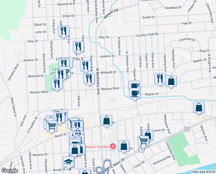 map of restaurants, bars, coffee shops, grocery stores, and more near 1701 Watson Boulevard in Endicott