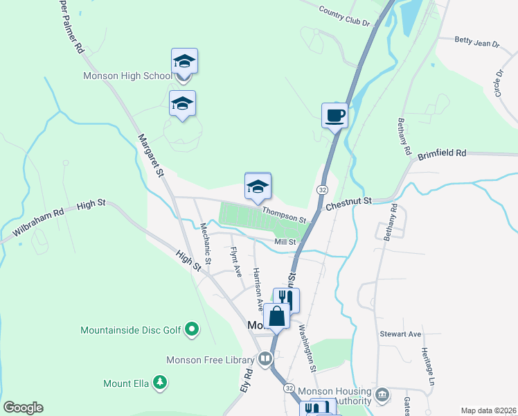 map of restaurants, bars, coffee shops, grocery stores, and more near 21 Thompson Street in Monson