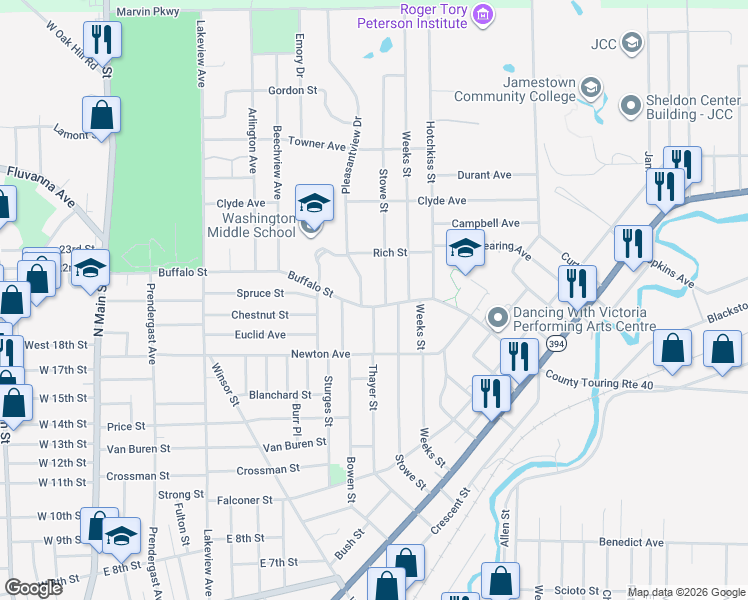 map of restaurants, bars, coffee shops, grocery stores, and more near 242 Buffalo Street in Jamestown