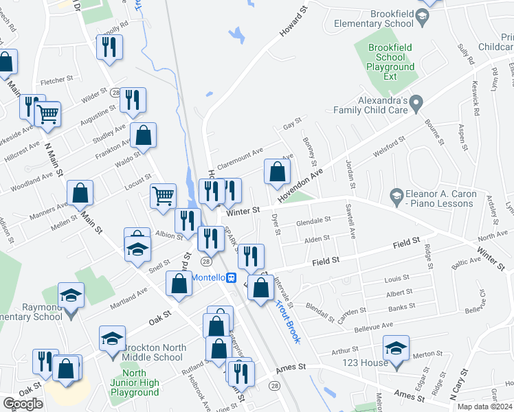 map of restaurants, bars, coffee shops, grocery stores, and more near 50 Winter Street in Brockton