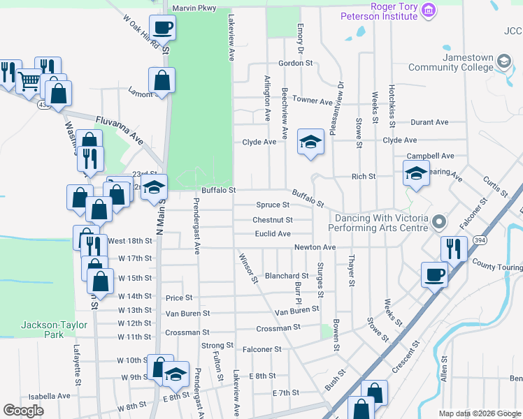 map of restaurants, bars, coffee shops, grocery stores, and more near 42 Spruce Street in Jamestown