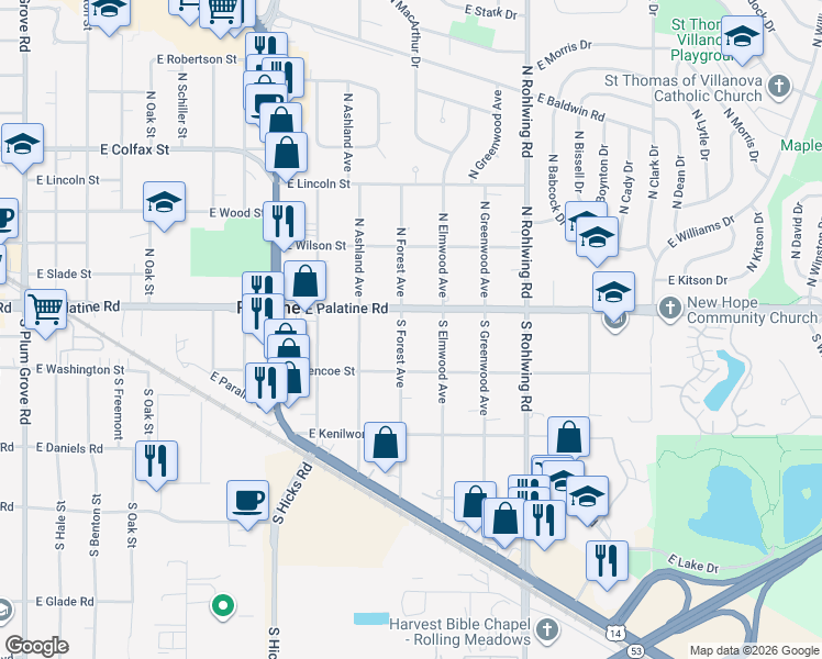 map of restaurants, bars, coffee shops, grocery stores, and more near 15 South Forest Avenue in Palatine