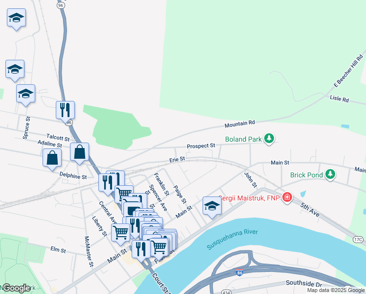 map of restaurants, bars, coffee shops, grocery stores, and more near Prospect Street in Owego