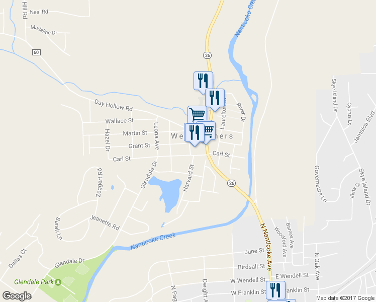 map of restaurants, bars, coffee shops, grocery stores, and more near 500 Carl Street in Endicott