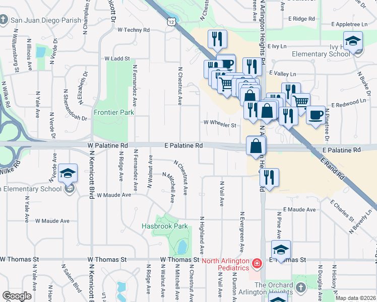 map of restaurants, bars, coffee shops, grocery stores, and more near 215 West Palatine Road in Arlington Heights