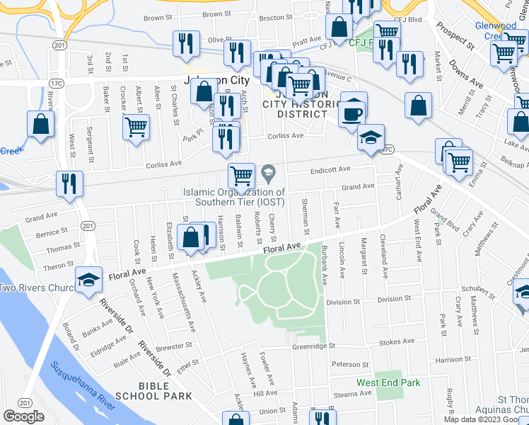 map of restaurants, bars, coffee shops, grocery stores, and more near 24 Cherry Street in Johnson City