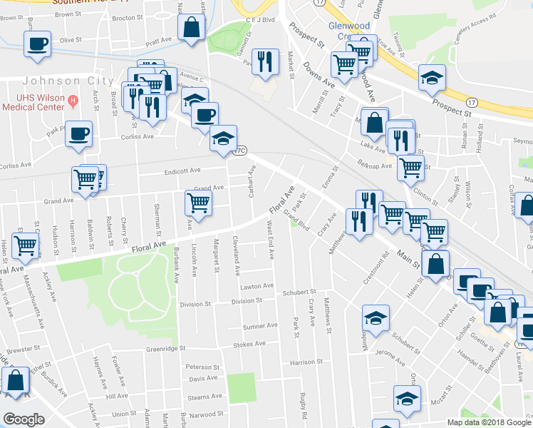 map of restaurants, bars, coffee shops, grocery stores, and more near 26 Floral Avenue in Binghamton