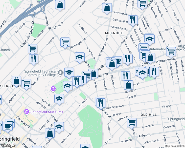 map of restaurants, bars, coffee shops, grocery stores, and more near 14 Magazine Street in Springfield